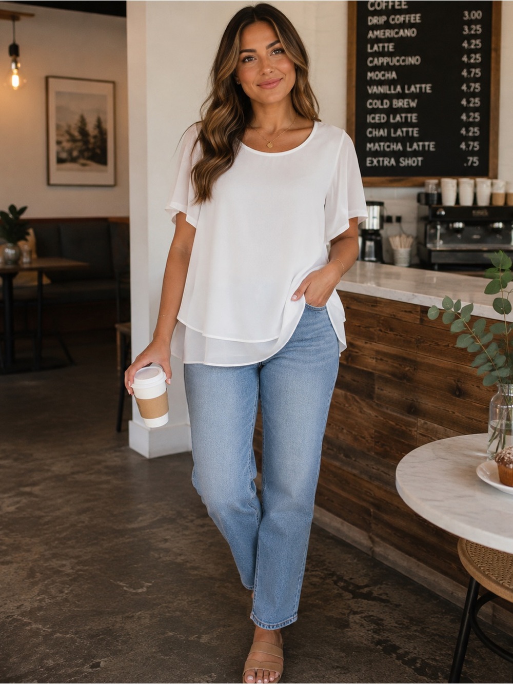 Dana Buchman White Layered Chiffon Blouse Women’s Large Hi-Low Top